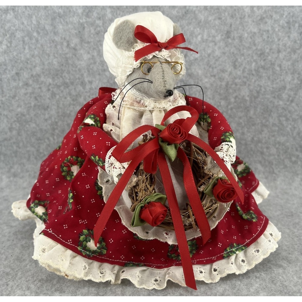 Vintage Fieldmice Kitty Christmas Mouse Plush Red Dress‎ Wreath Figurine Holiday